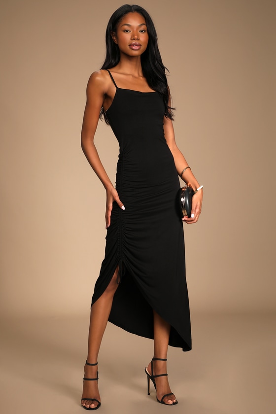 Black Midi Dress - Ruched Dress ...